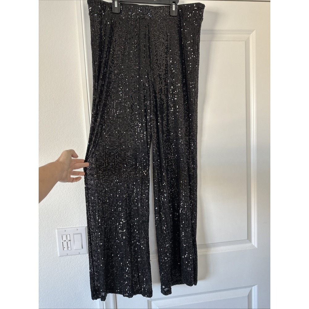 Wild Fable Black Sequin Trousers Women Size L High Rise Wide Leg Dress Pants